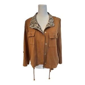 En Creme Zip Up Brown Jacket Animal Print Trim Women’s Size S